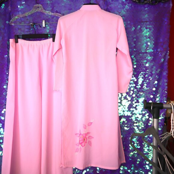 VINTAGE ASIAN LOUNGE SET L Floral Pink Pants PJs Sleepwear Pastel 70s Snaps - Picture 5 of 10